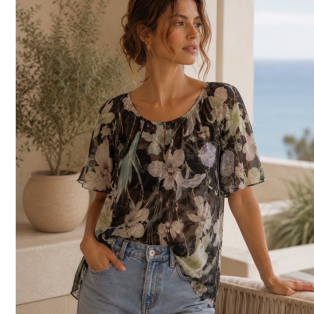 Dries Van Noten Silk Floral Blouse Womens Size 40 Black Sheer Short Sleeve Top